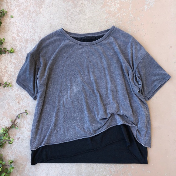 All Saints Tops - ALLSAINTS Bev Gray Distressed Ruched Layered Tee